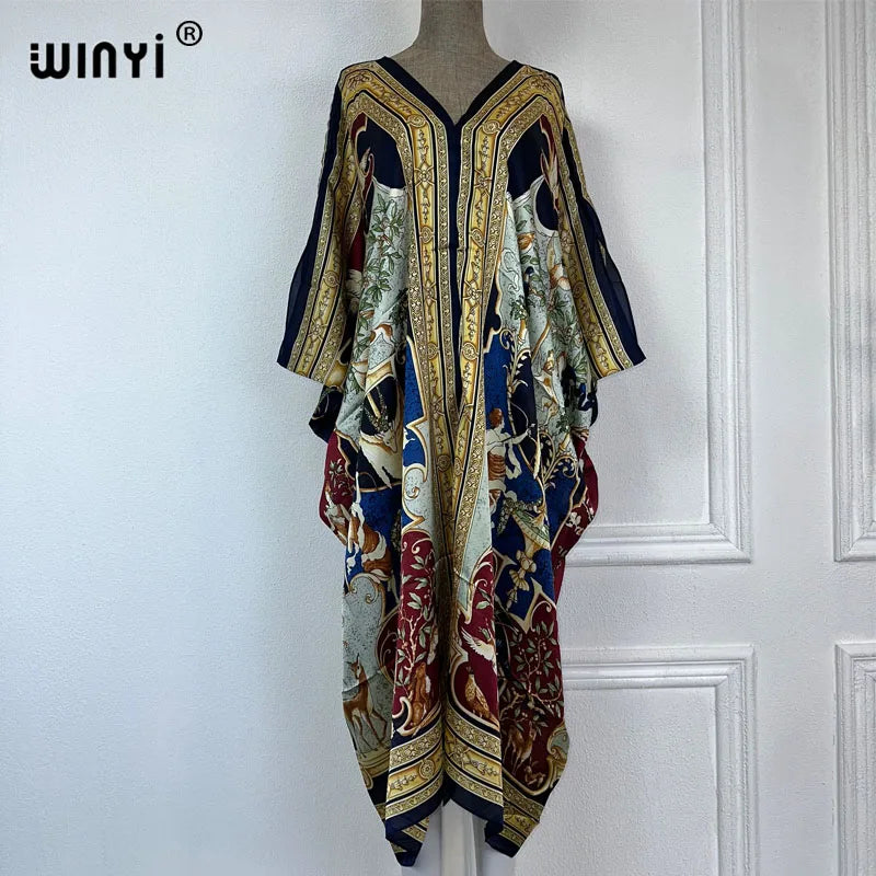 WINYI 2023 V-neck Africa Fashion Women Sexy Boho Casual silk Floral Vintage print Evening Party Beach cover up Long Maxi Dress