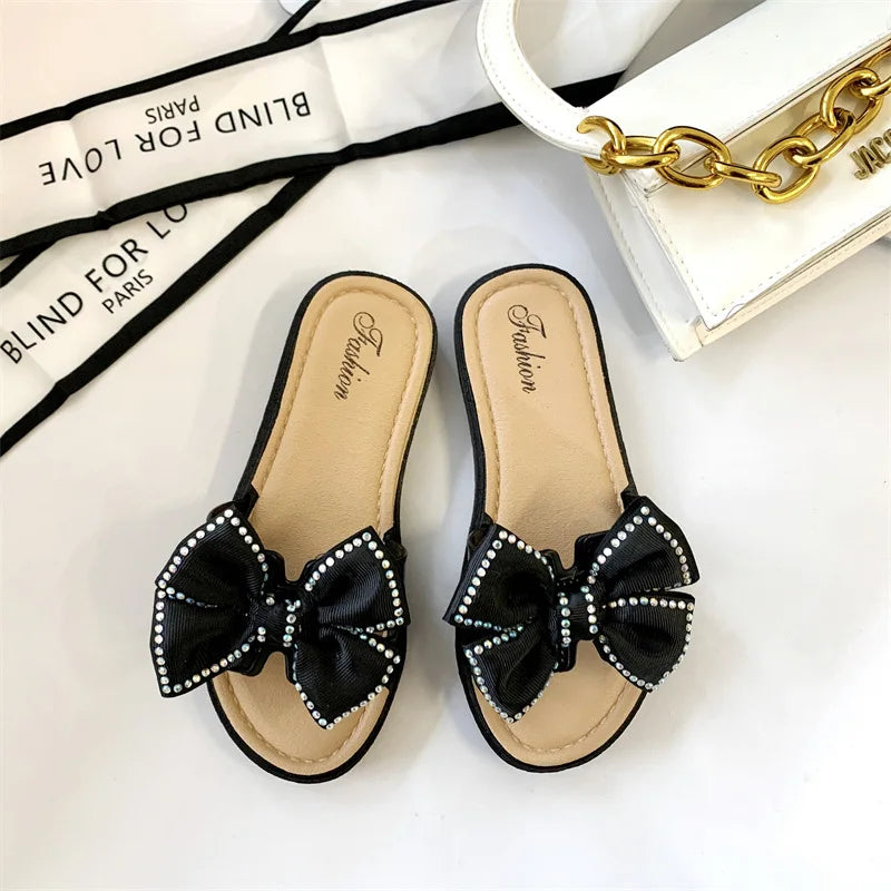 2026 New Bow Flats Open Toe Slide Sandals Non-slip Flip Flops Children Home Slippers Kids Girls Summer Cute Beach Slippers Shoe