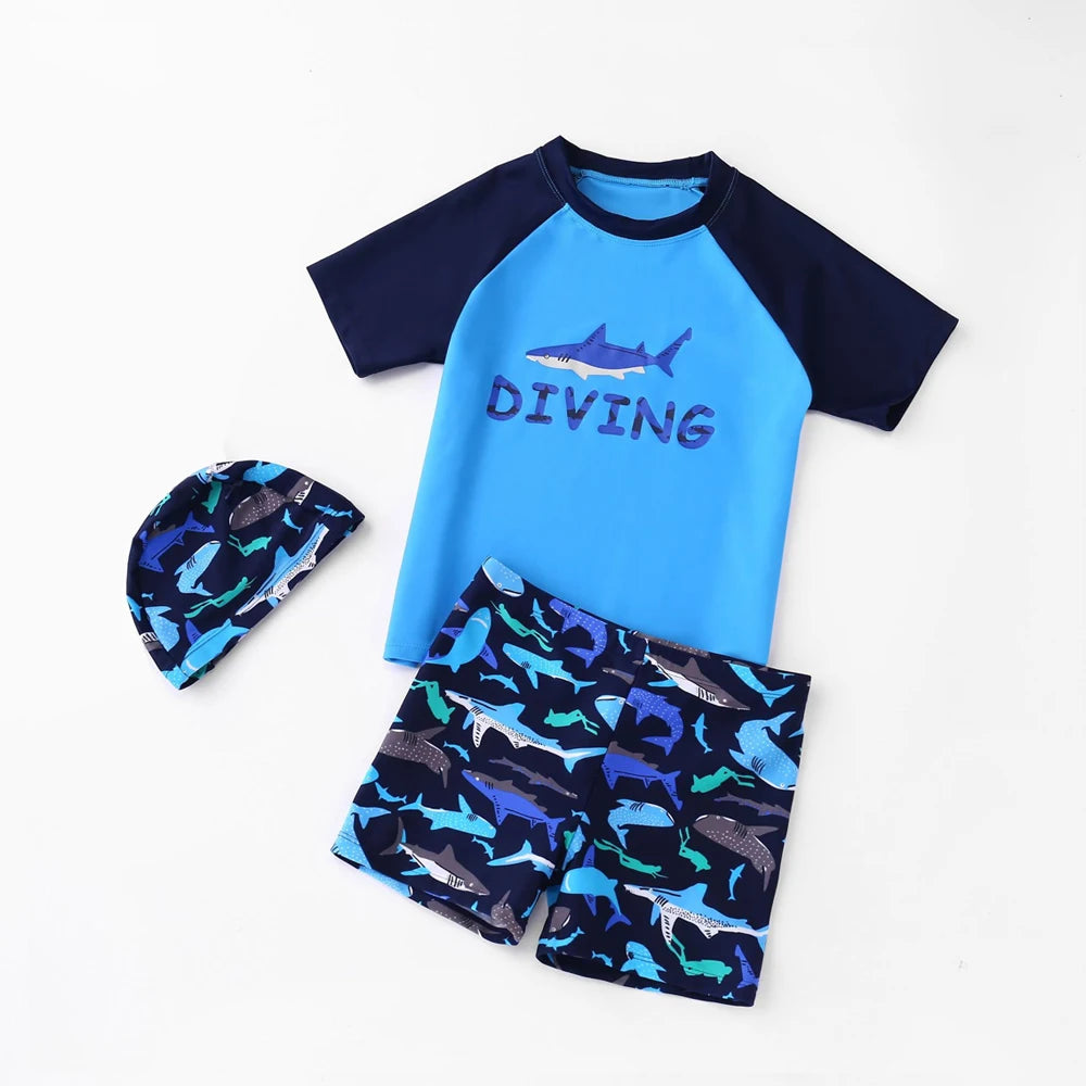 Kids Boy Swimsuit Cool Summer Children Board Shorts 3pieces Boys Swimwear Beach Surfing Girls Swimwear Bathing Suits with Hats