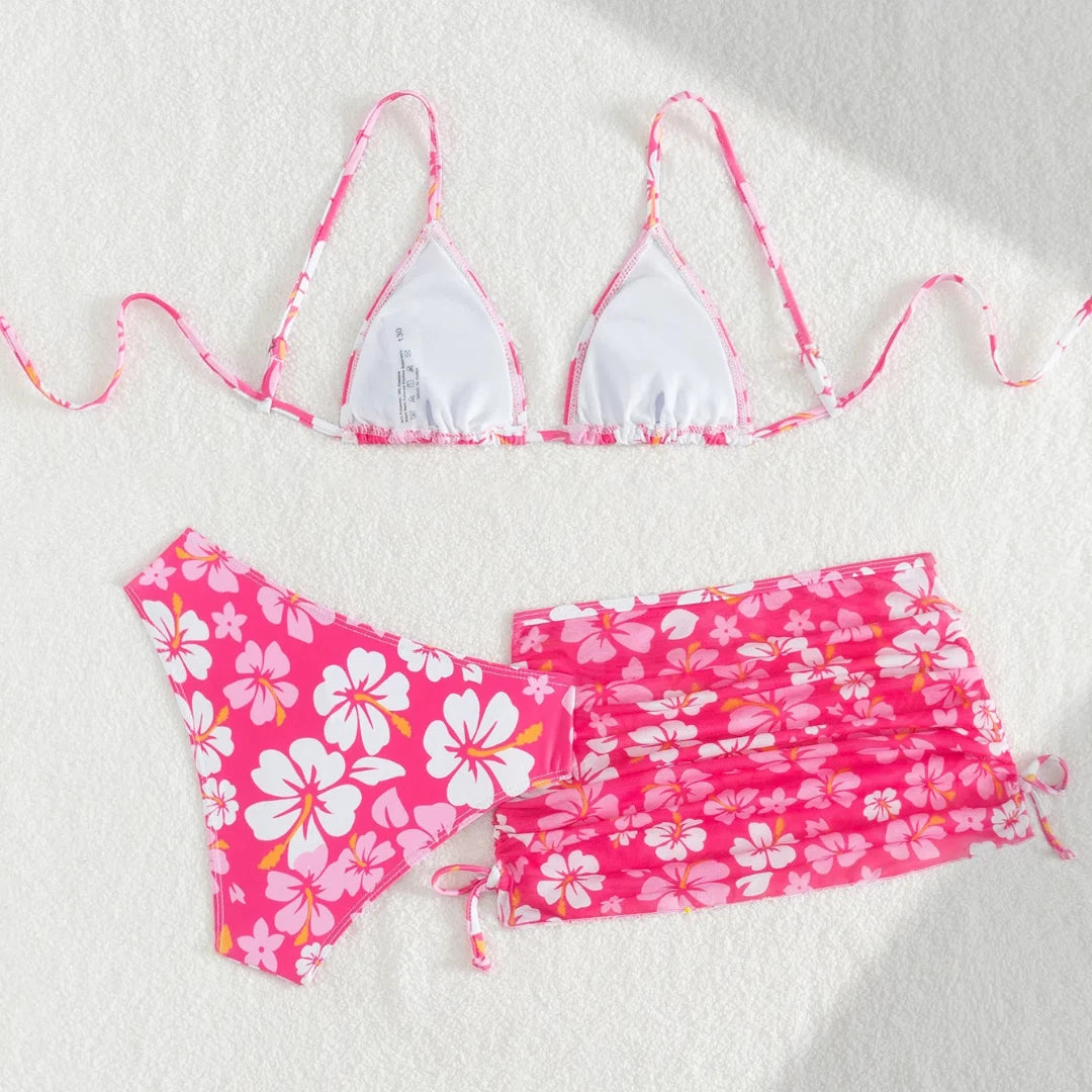 Girls 3pack Flower Bikini Sets Kids Swimsuit& Beach Skirts 7-14 Years Children's Swimwear 2025 Teens Child Girl Bathing Suit