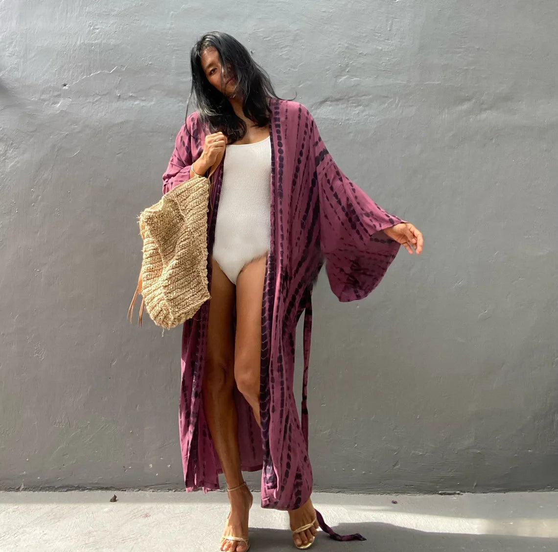 Women's Boho Stripe Tie Dye Swimsuit Cover Up with Belt Tunic Sarong Cardigan Dress Bikini Cover-ups Beach Wear Kimono