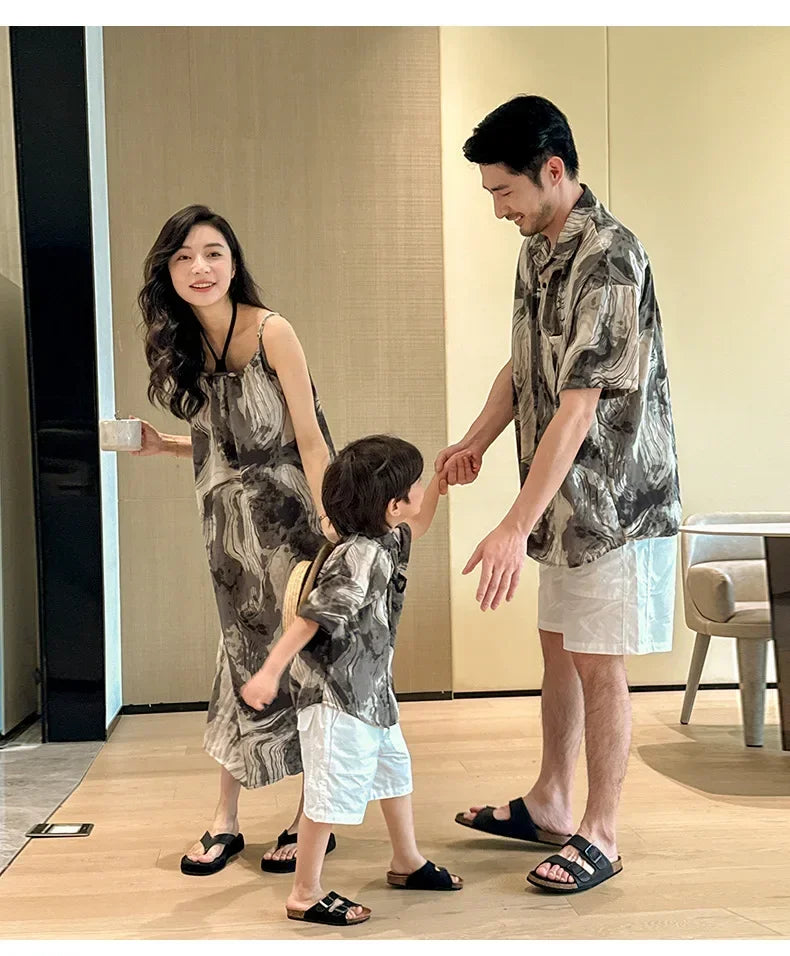 2025 Vacation Look Family Clothes Couple Beach Wear Brother Sister Dad Son Print Shirts Mom Daughter Matching Sleeveless Dress