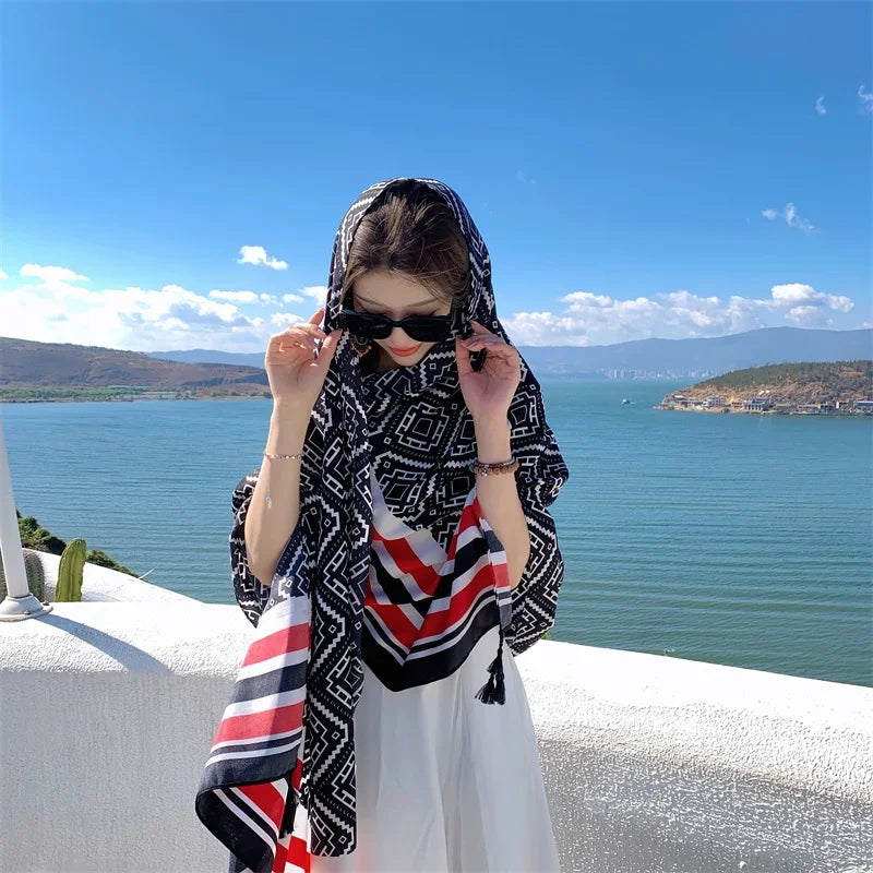 Fashions 90x180cm Twill Cotton Pareo Beach Cover-Ups Women Large Beach Dress Bikini Bathing Swimwear Cover Up Sarong Wrap Scarf