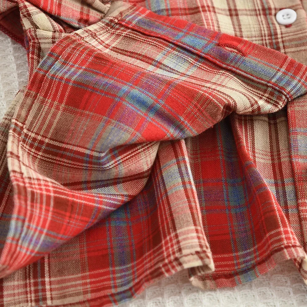 Summer Sweet and Casual 3-10-year-old Girls and Teenagers Pink Suit Square Collar Checkered Top+Wide Leg Pants Two Piece Set