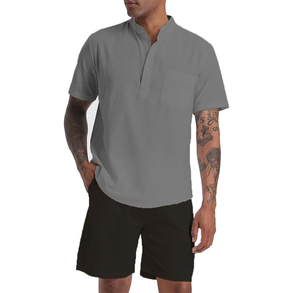 Men's Cotton Linen Set Henley Shirts Shorts Outfits 2 Pieces Beach Clothes Vacation Matching Suit Summer Wear Shirt Sleeve