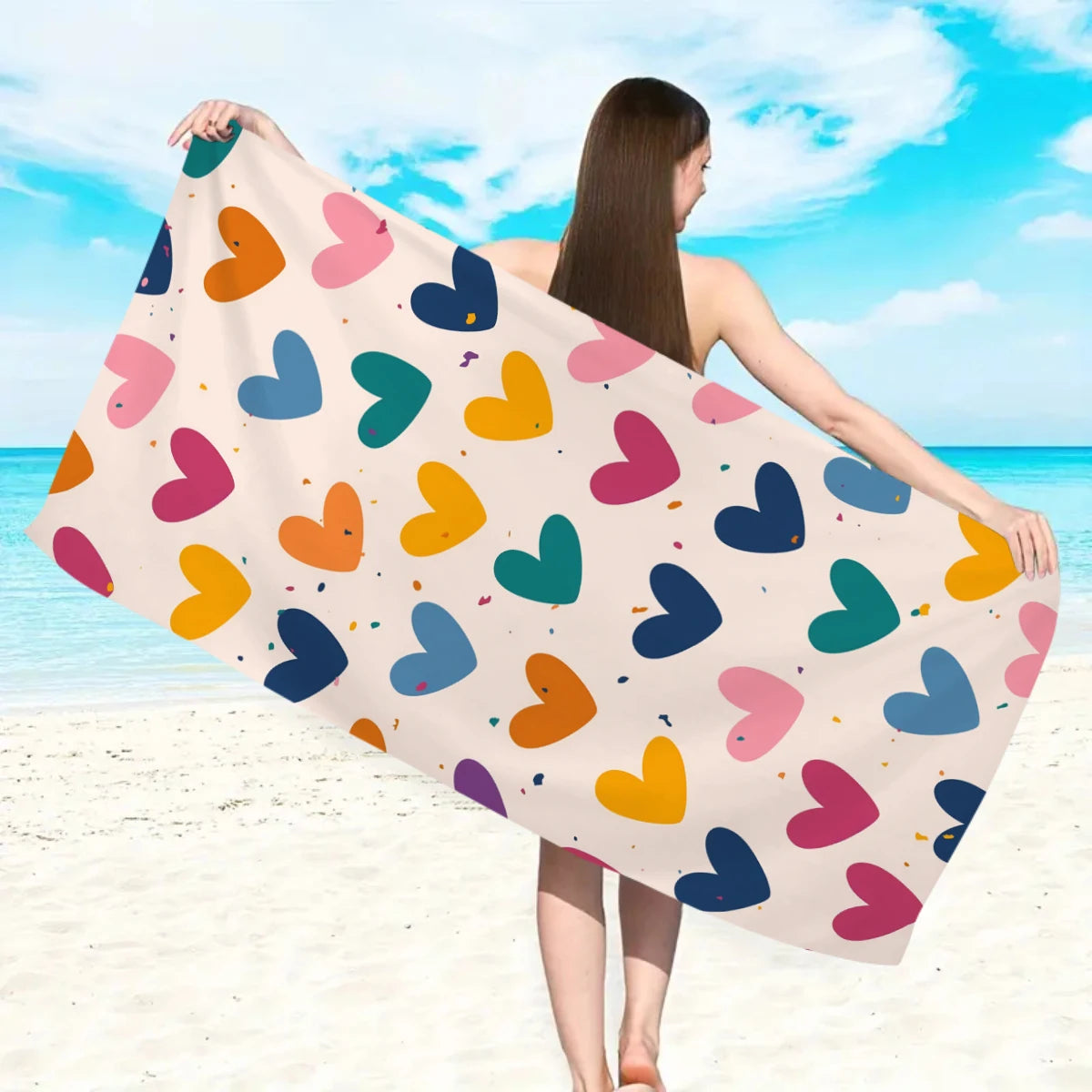 1pc Bohemian Large Beach Towel, Striped Flower Love Printed Bath Towel, Outdoor Swimming, Vacation, Camping Beach Towel
