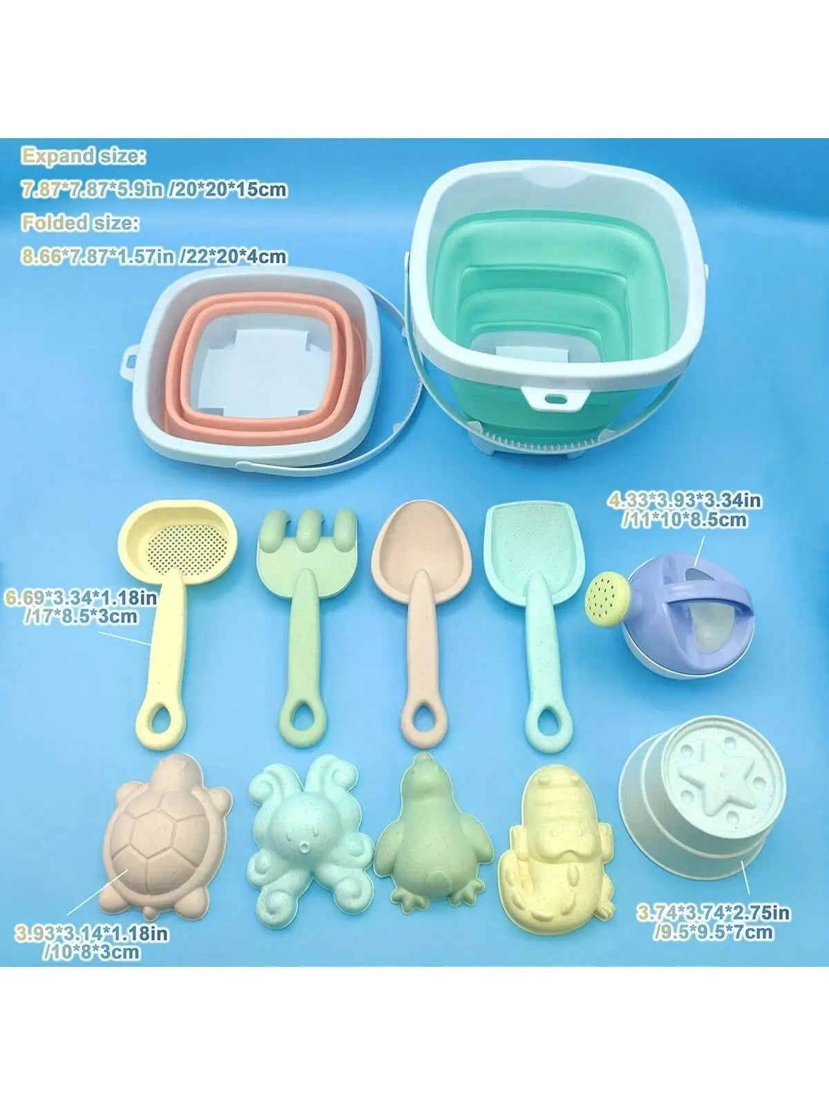 Kids Foldable Beach Bucket Set, Soft Silicone, with Shovels, Rakes, Molds, Portable, Ideal for Beach & Sandpit Play, Kids Gift