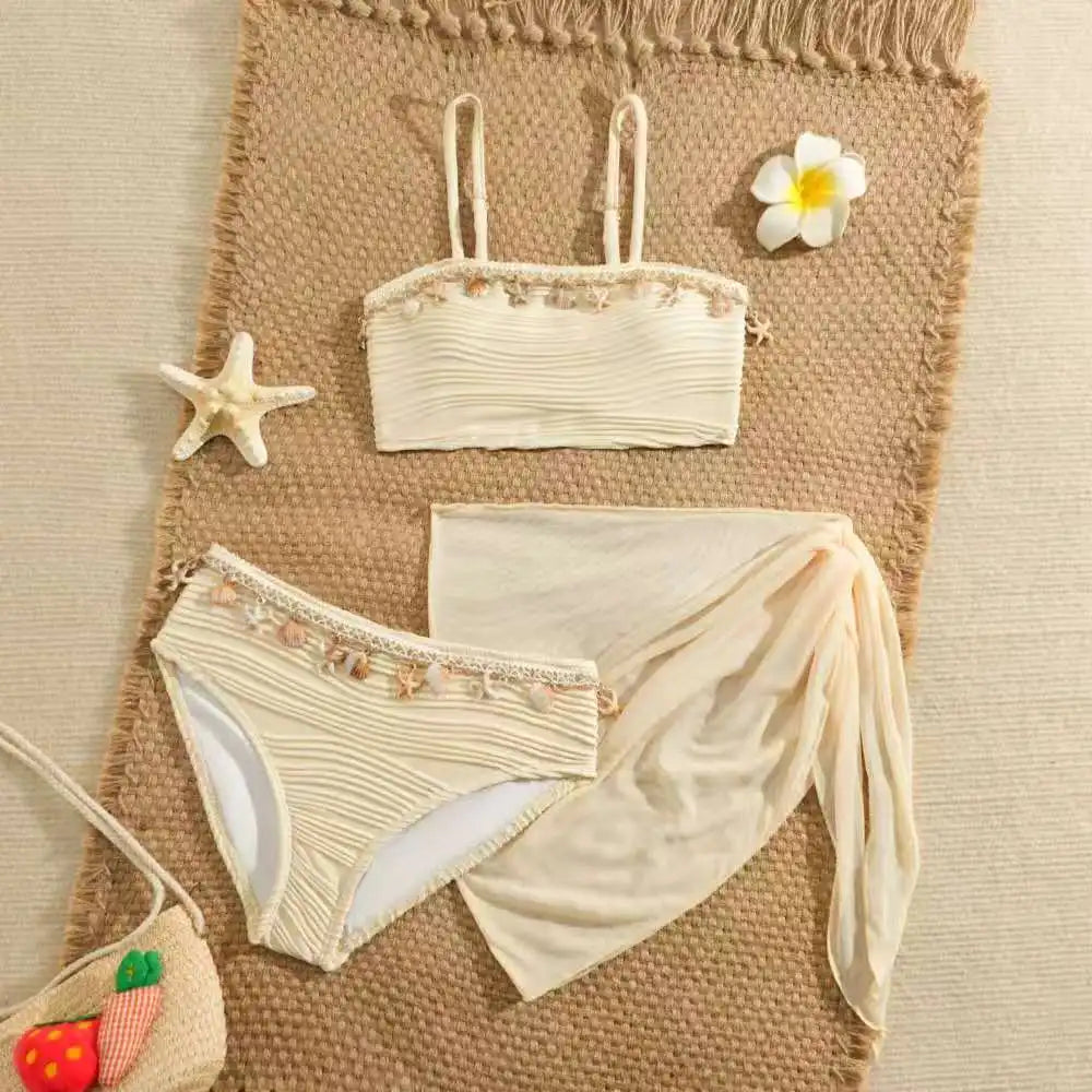 2026 Strappy Girls Swimsuit 3 Pieces Bikini & Skirt Bandeau Kids Swimwear Female Children's Bathers Bathing Swimming Swim Suit