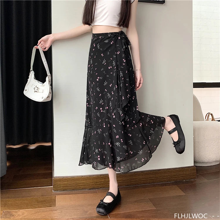 Wrap Up Chic Korea Clothes Women Cute Girls Floral Robe Holiday Beach Date High Waist Retro Vintage One-Piece Lace-Up Skirts