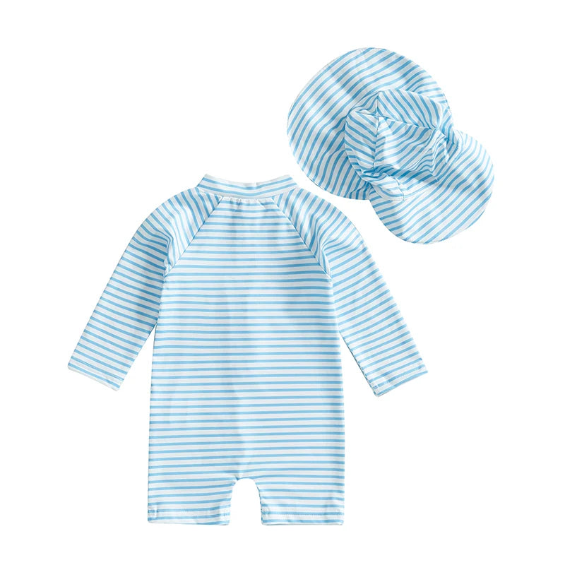 0-3T Toddler Boys Girls Rash Guard Swimsuit with Hat 2 Pcs Set Striped Pattern Zip Up Long Sleeve Crew Neck Baby Swimwears