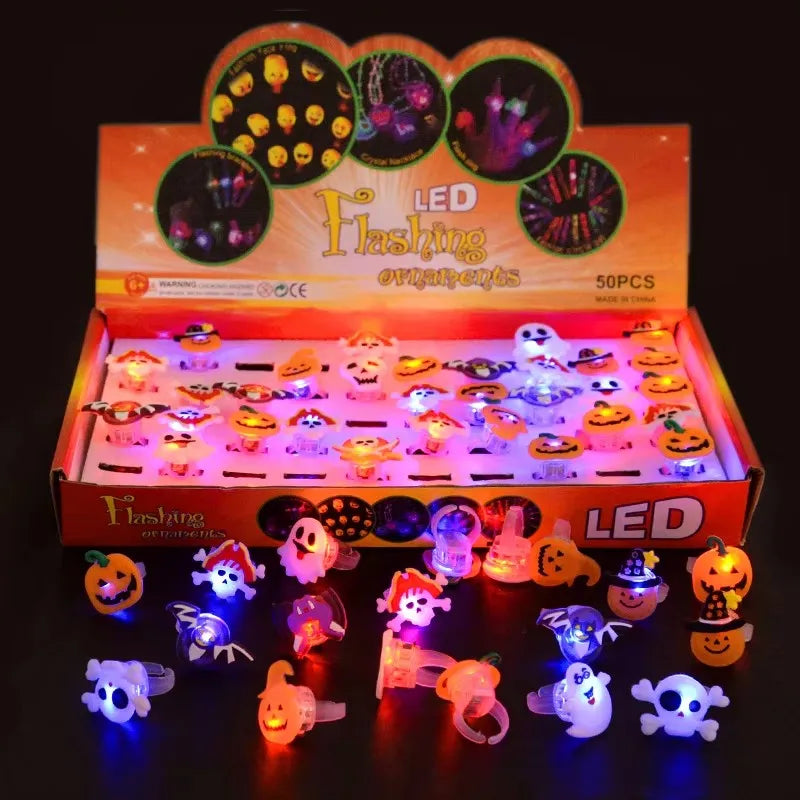 20/50pc Halloween LED Light Up Rings Toys Horror Pumpkin Ghost Spider Glow Finger Rings for Kids Trick Party Supplies Party Gift