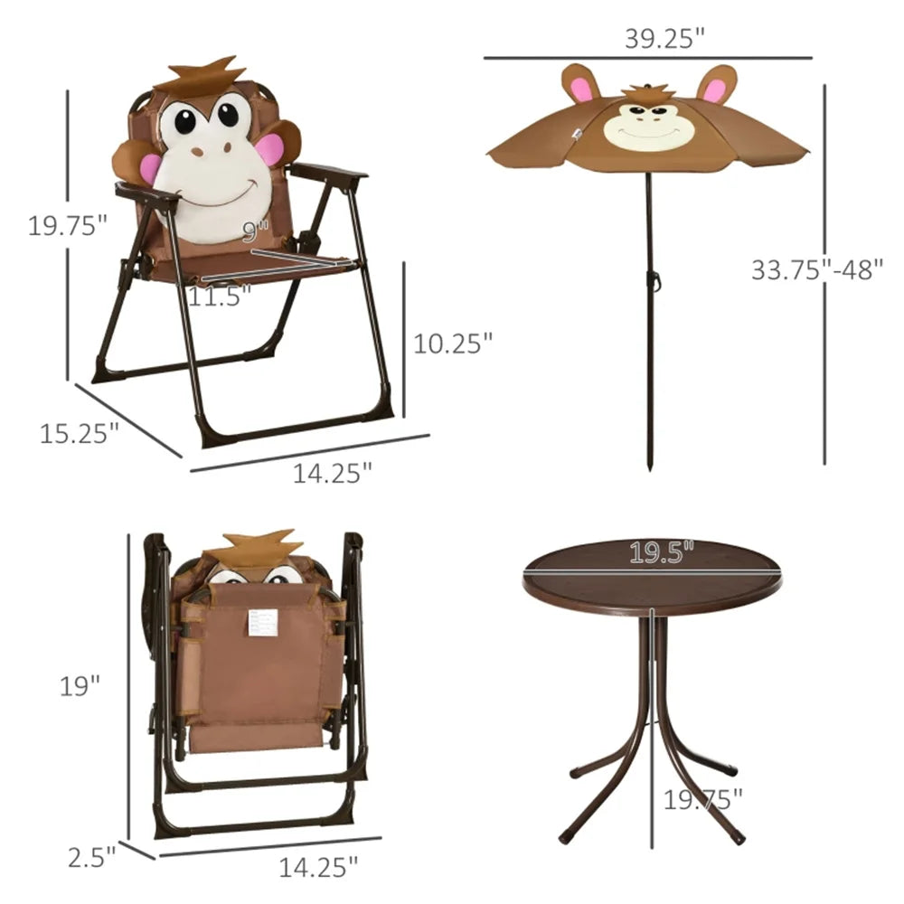 Cute Monkey Kids Patio Table Chair Set with Removable Cartoon Sun Umbrella, Foldable Portable Outdoor Toddler Furniture, 2 Folding Chairs Round Metal Table, Space Saving Kids Play Dining Set for Backyard Garden Lawn Picnic Be