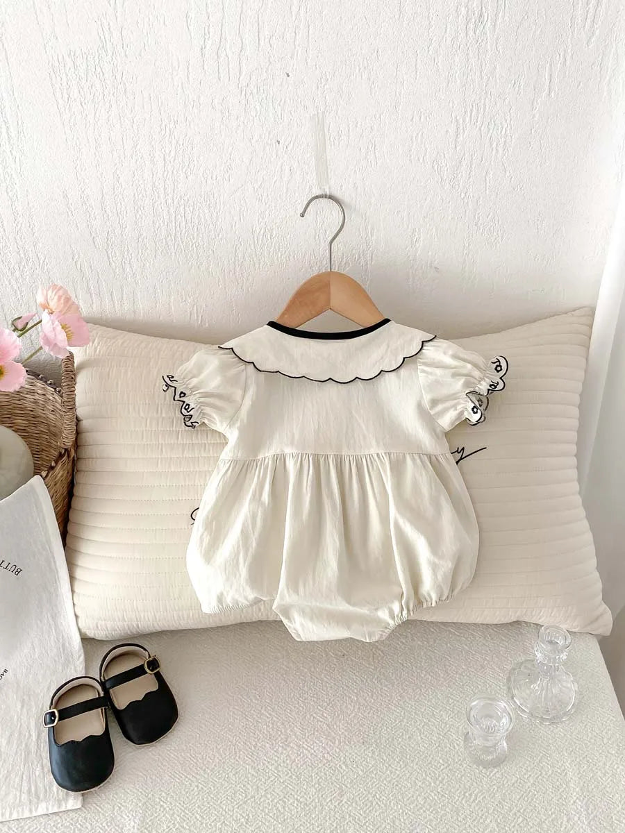 Baby Summer Embroidered Lapel Short Sleeve Triangle Jumpsuit Girl Baby Sweet Cute Jumpsuit with Bow for Summer Toddlers and Baby