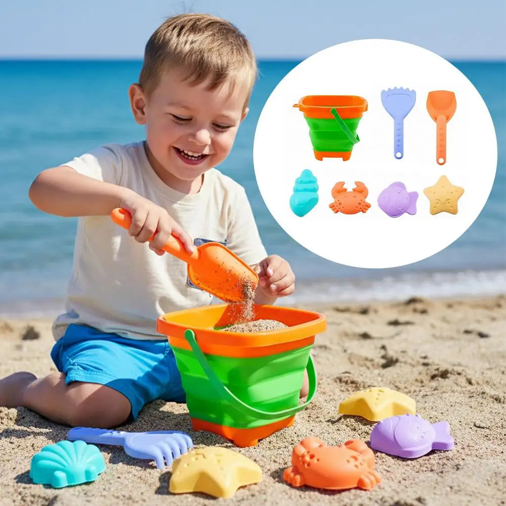 Foldable Beach Sand Toys Set Collapsible Bucket with Shovel & Molds for Sand, Snow & Water Play Portable Beach Toys for Toddlers