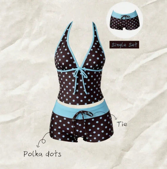 Women Swimwears Polka Dot 2-Piece Tankini Set Halter V Neck Front Tie Cami Top & Contrast Waistband Drawstring Swim Shorts