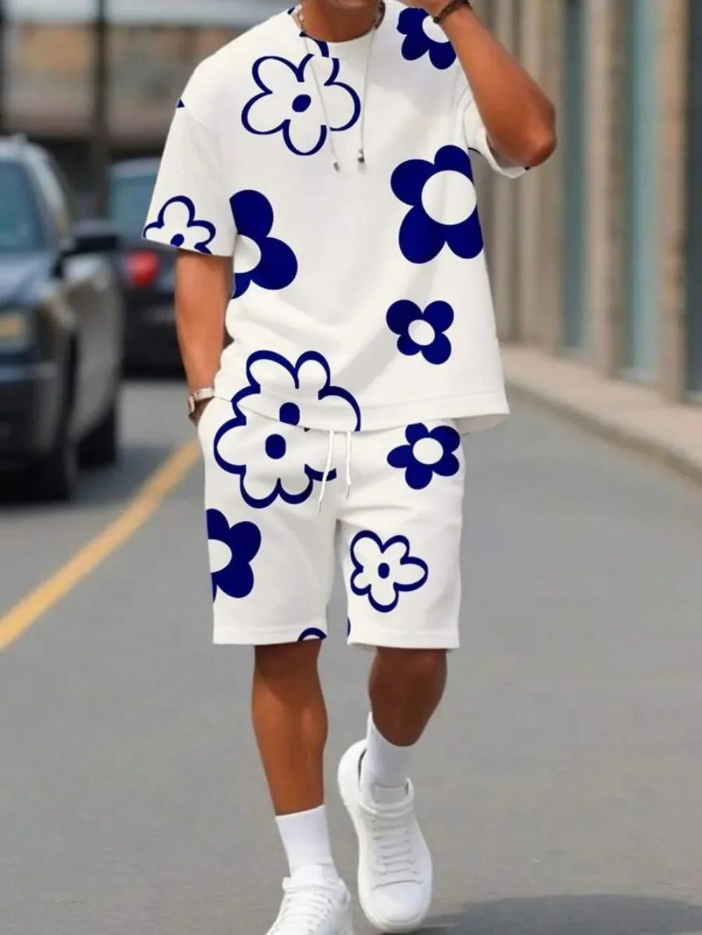 Summer men's breathable and comfortable round neck T-shirt shorts with printed pattern outdoor casual two-piece set
