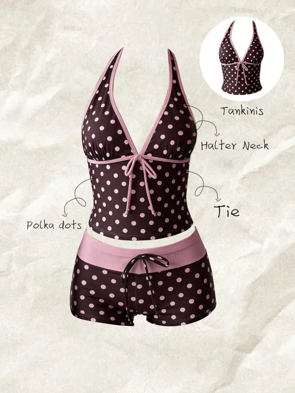 Women Swimwears Polka Dot 2-Piece Tankini Set Halter V Neck Front Tie Cami Top & Contrast Waistband Drawstring Swim Shorts
