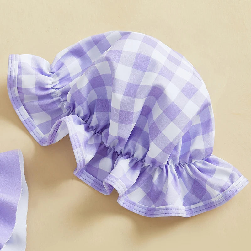 0-3T Toddler Girl Bikini Set Swimsuit Plaid Print Flutter Sleeves Tank Tops with Shorts and Hat Bathing Suit 3 Pcs Beachwear