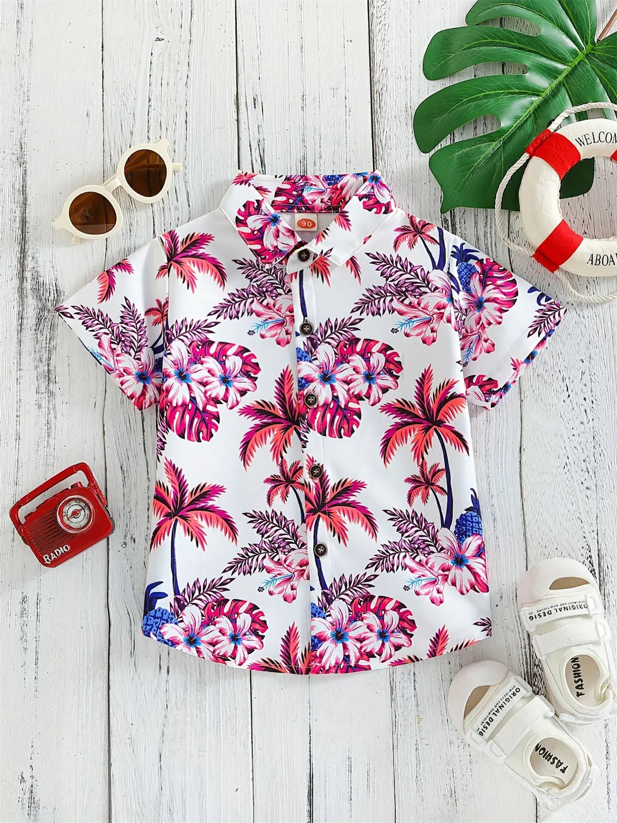 Boys Flowers and Leaves Print Short Sleeves Shirt Hawaiian Style for Vacation Beach Kids Summer Clothes O-Neck Children's Shirt