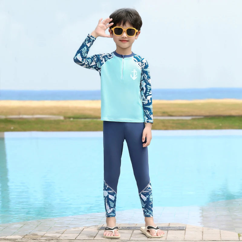 Full Body Boys Swimwear Sun Protection Kids Swimsuit Two Piece Children Long Sleeve Bathing Suit Summer Swimming Pool Clothes