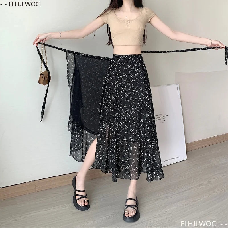 Wrap Up Chic Korea Clothes Women Cute Girls Floral Robe Holiday Beach Date High Waist Retro Vintage One-Piece Lace-Up Skirts