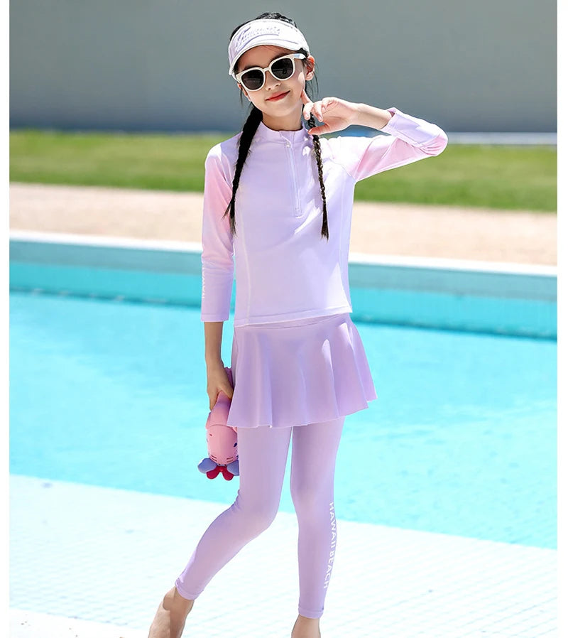 Two Piece Long Sleeve Girls Swimwear With Skirt Burkini Swimsuit Kids Children Modest Swimming Suit Sun Protection Beachwear