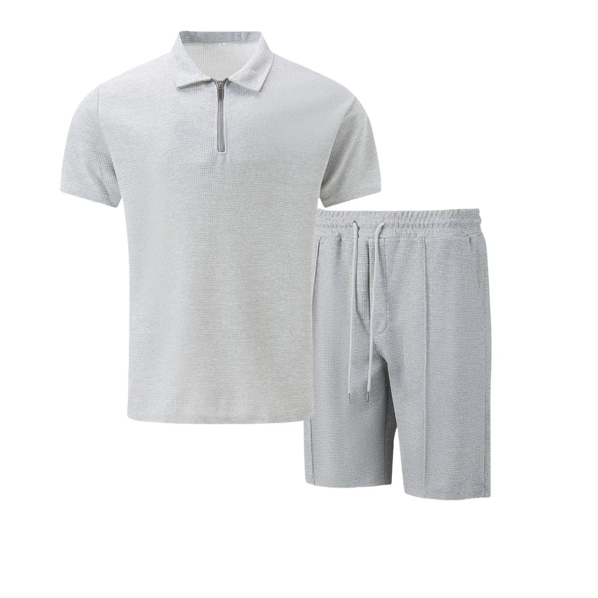 Men Europe and the United States New Summer Waffle Solid Color Zip-Up Lapel Short-Sleeve Suit Shorts Two Sets