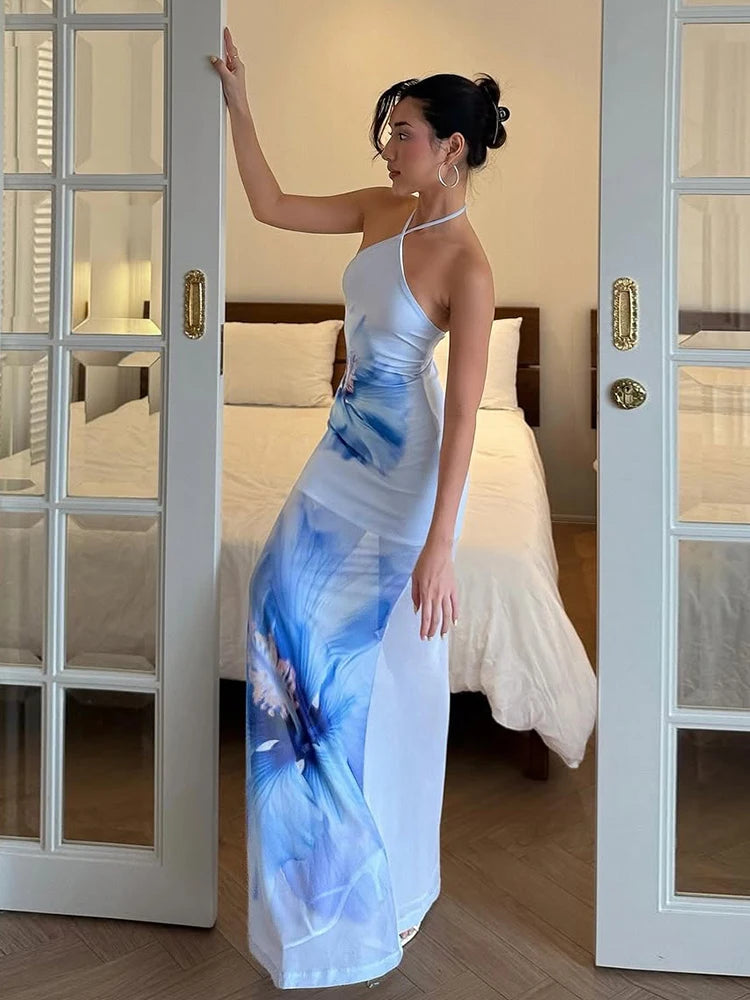 Weird Puss Beach Vacation Dress Women See Through Flower Print Halter Backless Bandage Sleeveless Party Club Stretch  Bodycon