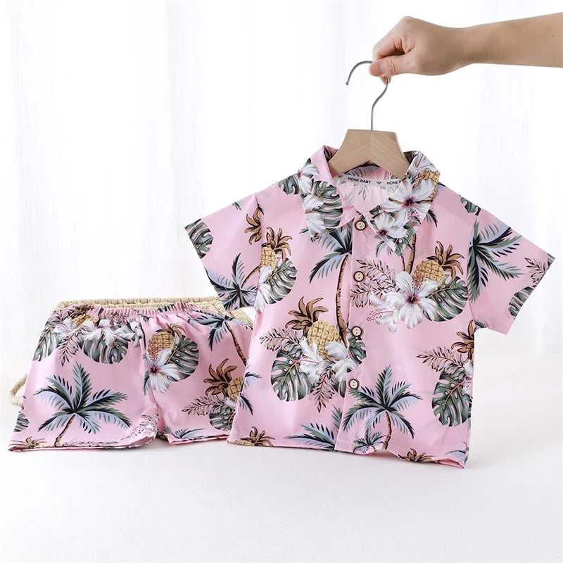 Summer Children Beach Shirt Set Boys Girls Baby Loose Printed Shirts Fashion Vacation Style Kid Short Sleeve+short Pants Outfits