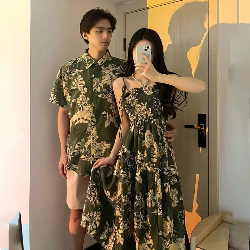 Holiday Family Matching Beach Clothes Couple Vacation Look Mom  Dress Resort Dad Son Print Shirts Outfits Daughter Smock Green