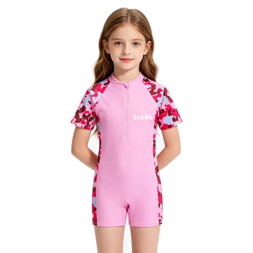 Girls Pink Sporty Striped One Piece Swimwear Summer Short Sleeve Zipper Rash Guard Kids Quick Dry Bathing Suit for Beach