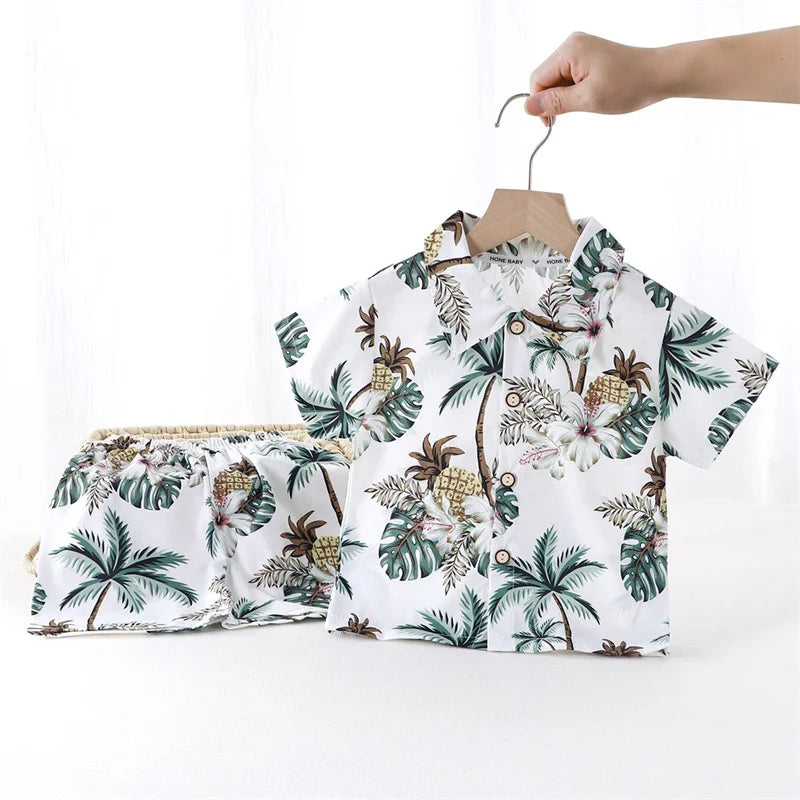 Summer Children Beach Shirt Set Boys Girls Baby Loose Printed Shirts Fashion Vacation Style Kid Short Sleeve+short Pants Outfits