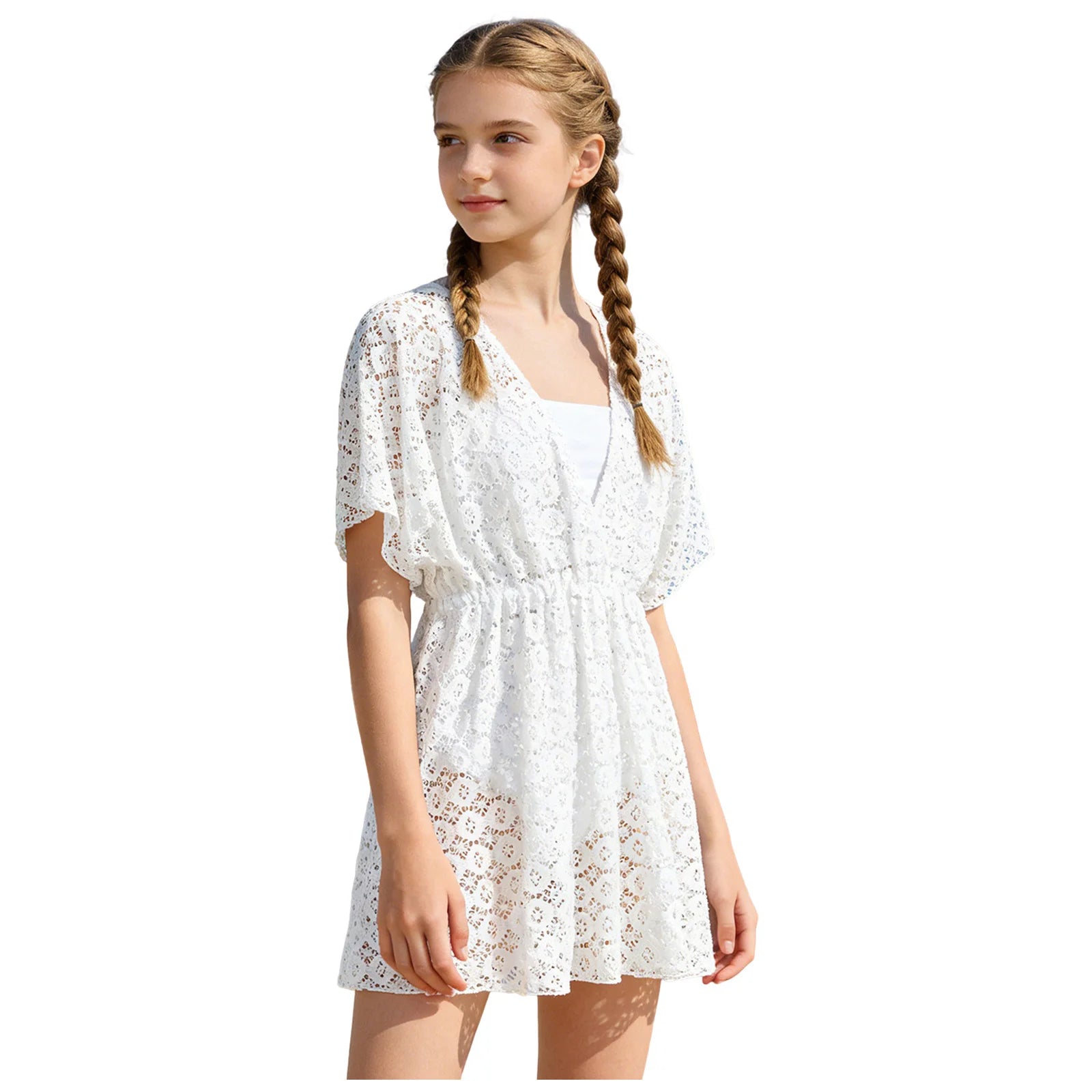 Kids Girls Beach Cover Up Lace Hollow Tunic Pareos Bikinis Cover Ups Children's Swim Dress Sarong Beachwear Sundress 8-16 Years
