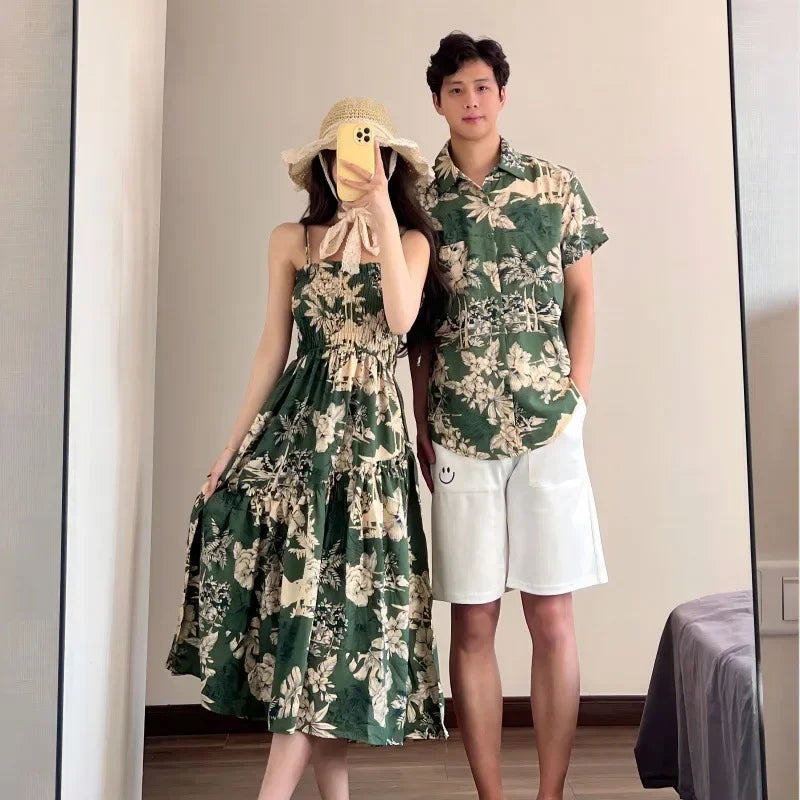 Holiday Family Matching Beach Clothes Couple Vacation Look Mom  Dress Resort Dad Son Print Shirts Outfits Daughter Smock Green