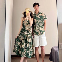 Holiday Family Matching Beach Clothes Couple Vacation Look Mom  Dress Resort Dad Son Print Shirts Outfits Daughter Smock Green
