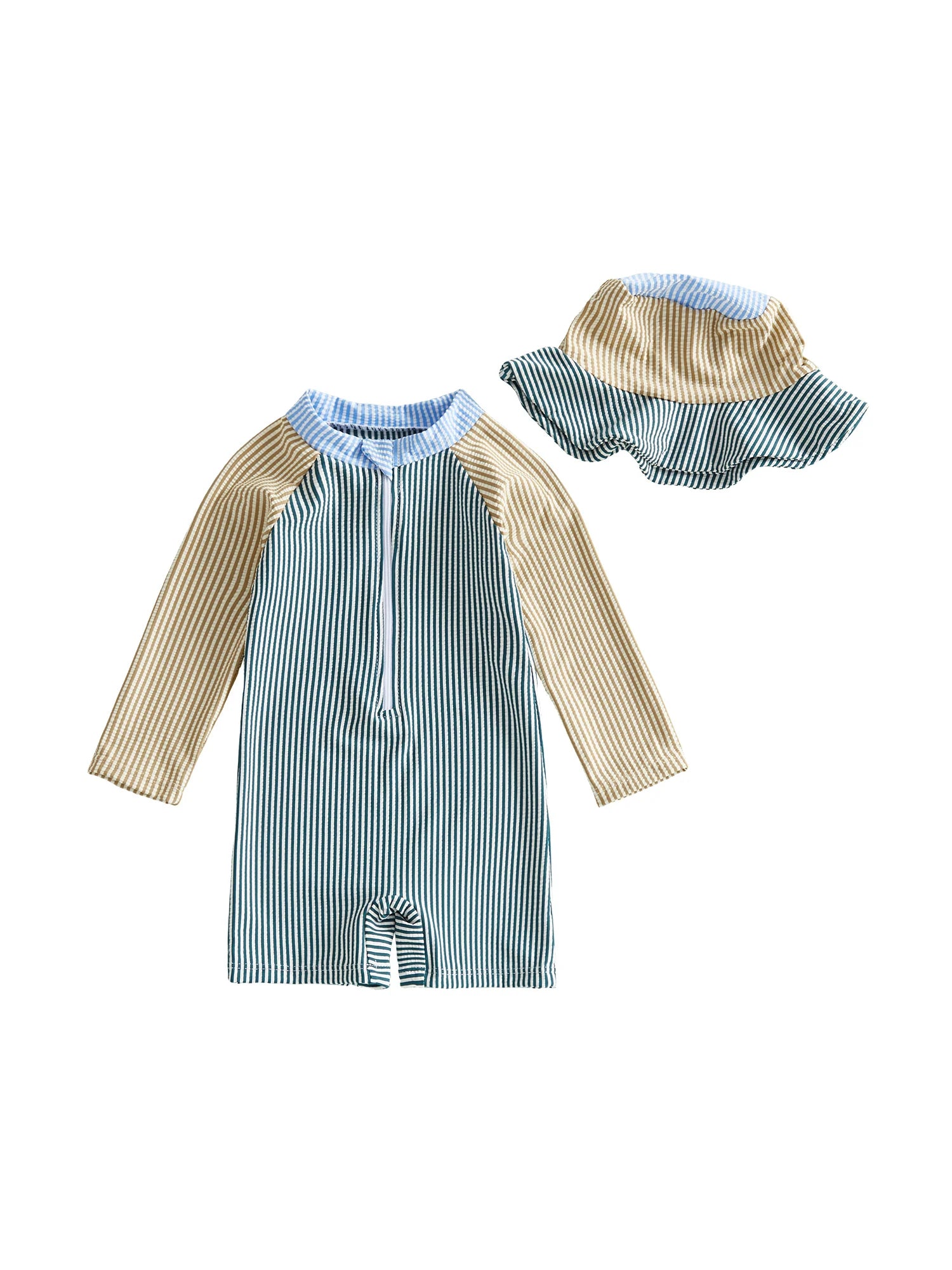 0-24M Newborn Baby Boy Rash Guard Swimsuits Contrast Color Stripes Print Long Sleeve Zip Up Bathing Suit with Sun Cap