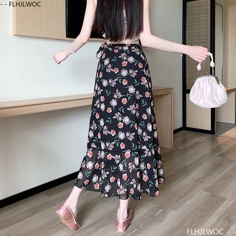 Wrap Up Chic Korea Clothes Women Cute Girls Floral Robe Holiday Beach Date High Waist Retro Vintage One-Piece Lace-Up Skirts