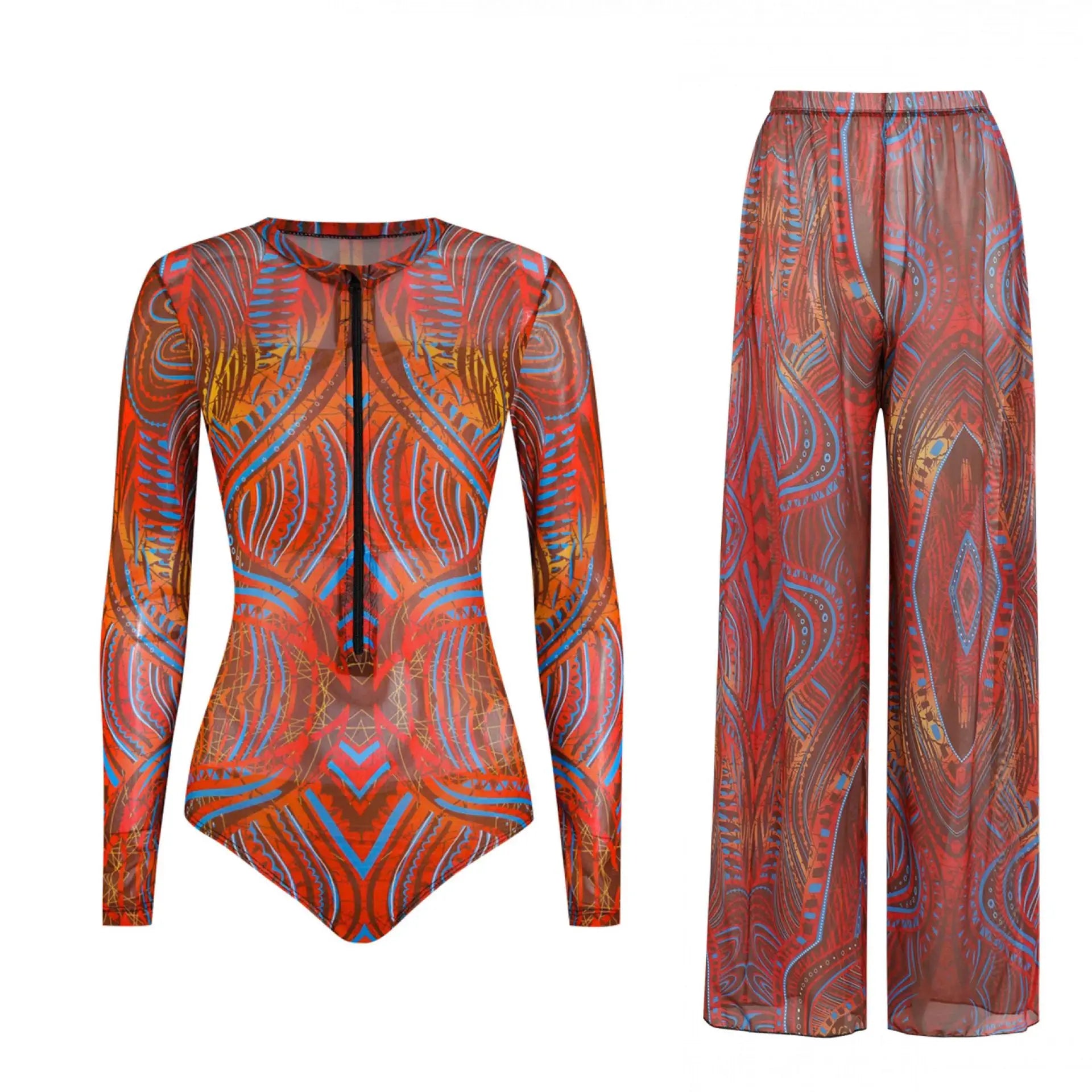 Women's Long Sleeve Swimwear Sunscreen One Piece Swimsuit High Elastic Thickened Mesh Loose Pants SPF35+ New Fitness Beachwear