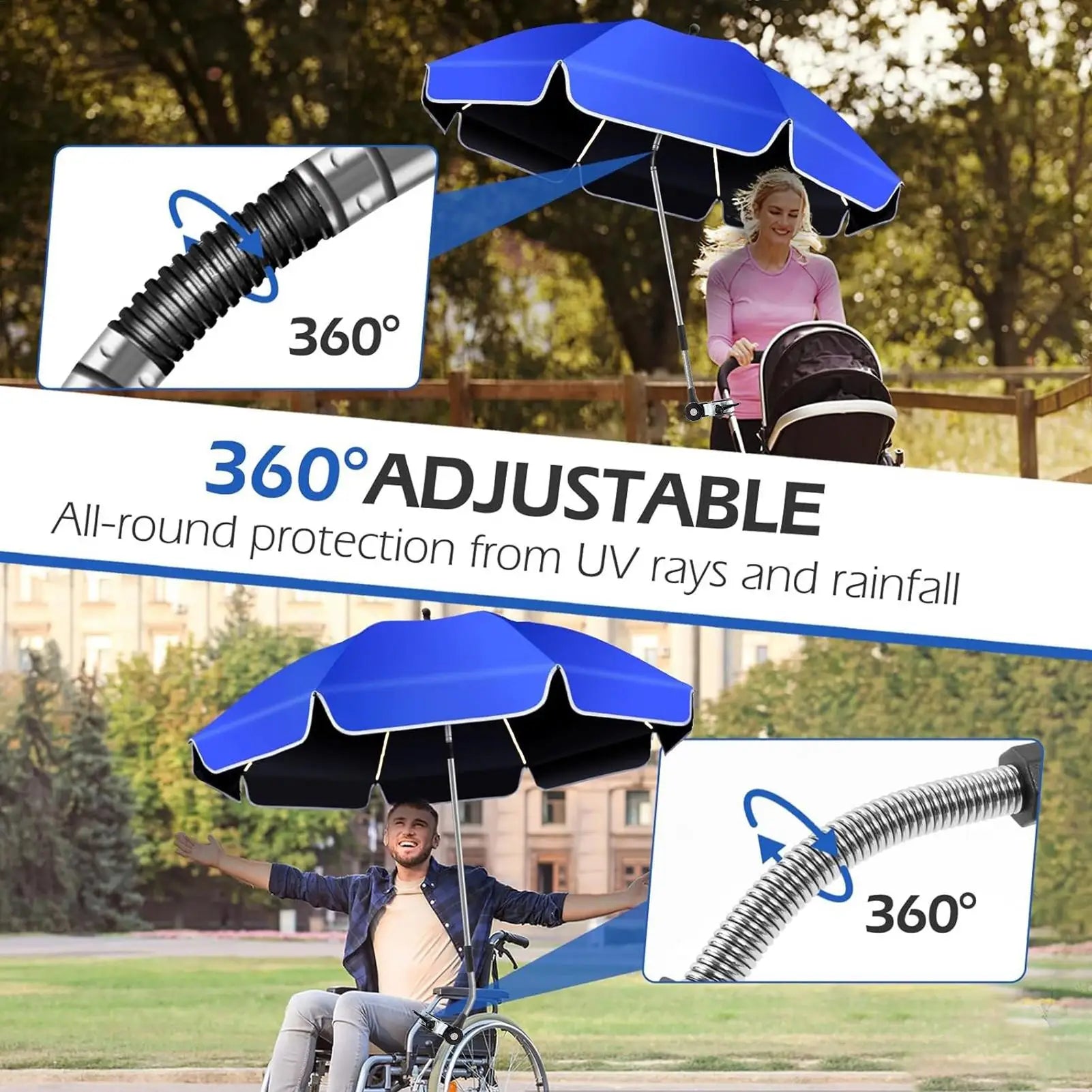 Waterproof Beach Chair Umbrella With Clamp 360 Rotation Fishing Umbrella 23-inch UV-protected Clip Camping Parasol Sun Umbrella