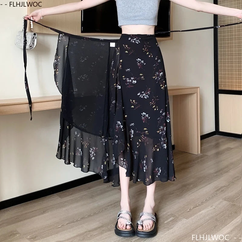 Wrap Up Chic Korea Clothes Women Cute Girls Floral Robe Holiday Beach Date High Waist Retro Vintage One-Piece Lace-Up Skirts