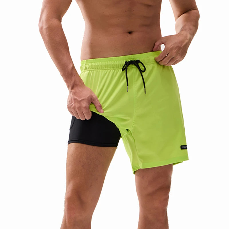 ESCATCH 2026 Latest Mens Shorts Breathable Long Lining Quick-Dry Sports Swim Traje De Baño Hombre Zipper Pockets Beach Shorts