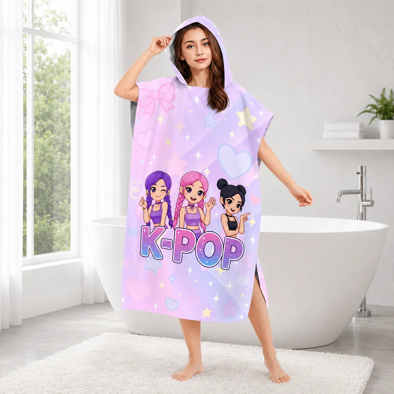 K-Pop Style Hooded Poncho Towel for Kids Adults Flat Print Purple Idol Cartoon Girls Bath Robe Beach Changing Towel Wrap