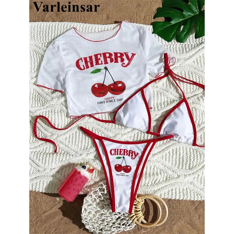 XS -XL Cherry Printed Short Sleeve Bikini Female Swimsuit Women Swimwear Three-pieces Bikini set Bather Bathing Suit Swim V6854