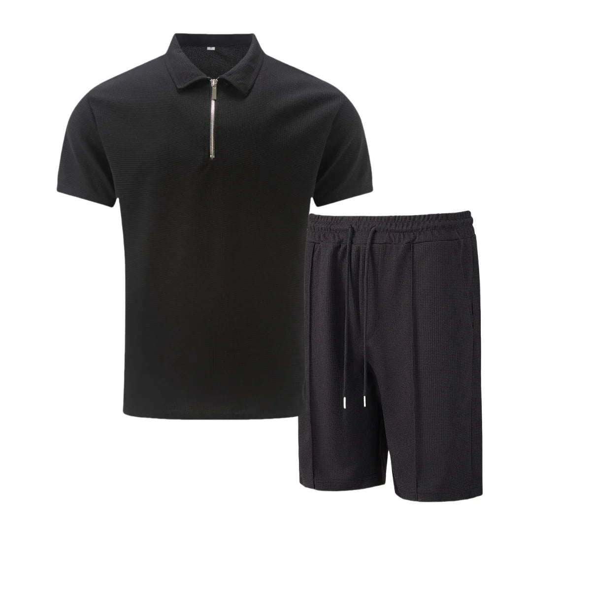 Men Europe and the United States New Summer Waffle Solid Color Zip-Up Lapel Short-Sleeve Suit Shorts Two Sets