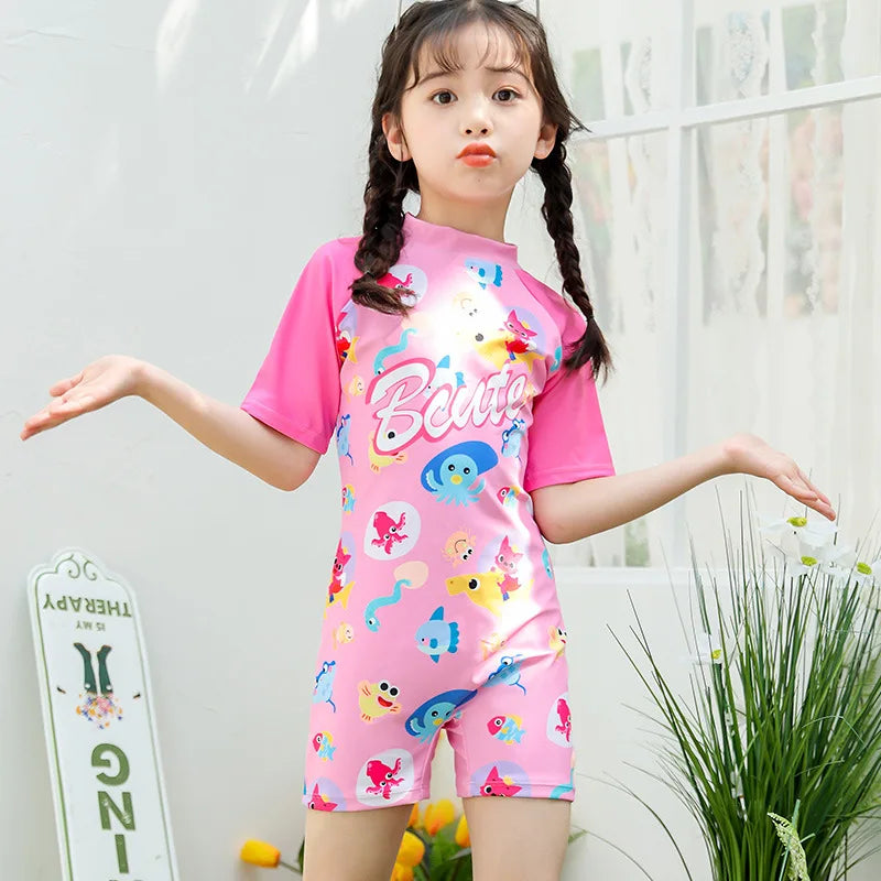 Girls Swimsuits One-Piece Bathing Suits with Hat Summer Beach Water Sport Short Swimsuit with Cartoon Pattern for 2-13 Years Old