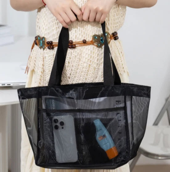 Solid Color Gauze Handbag Transparent Storage Bag Shoulder Bag Beach Bag Large Capacity Mall Transparent Net Shopping Bag 1 PC