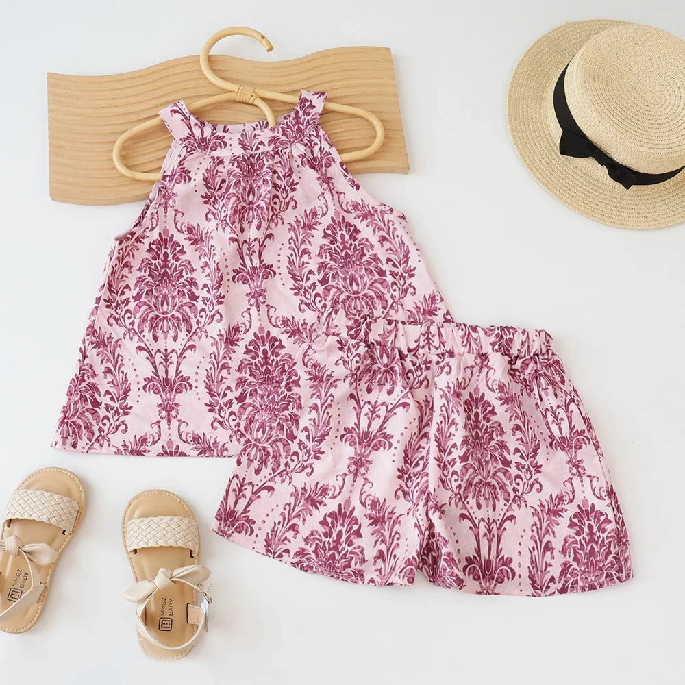 2024 New Girls Outfit Summer Small Floral Halterneck Sleeveless Suspender Set Girl Refreshing Shorts Two-Piece Set