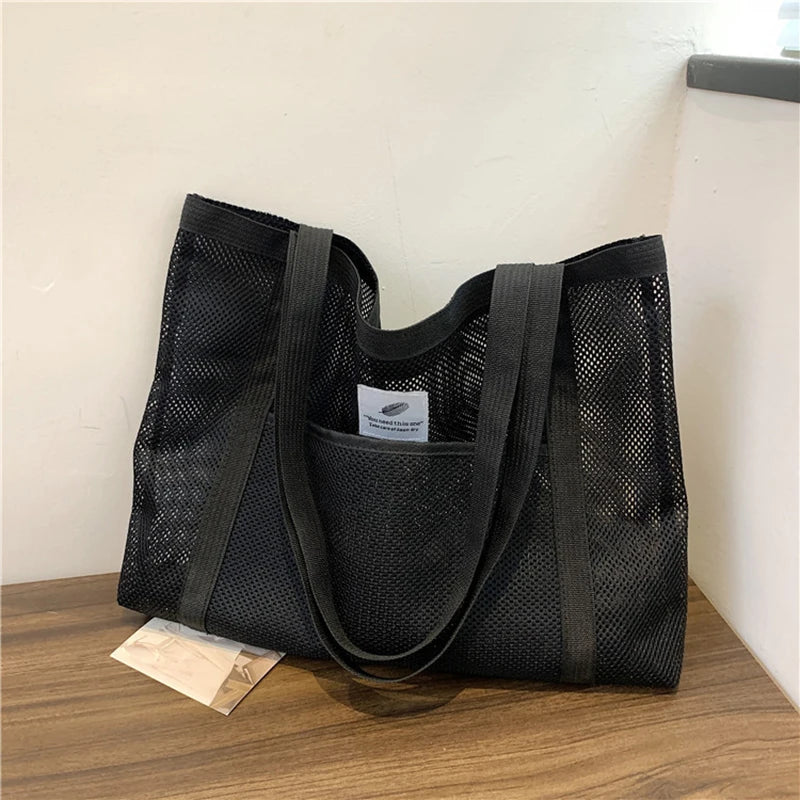 Women Transparent Mesh Shoulder Bag Fashionable Portable Shopping Travel Beach Mesh Net Tote Handbag
