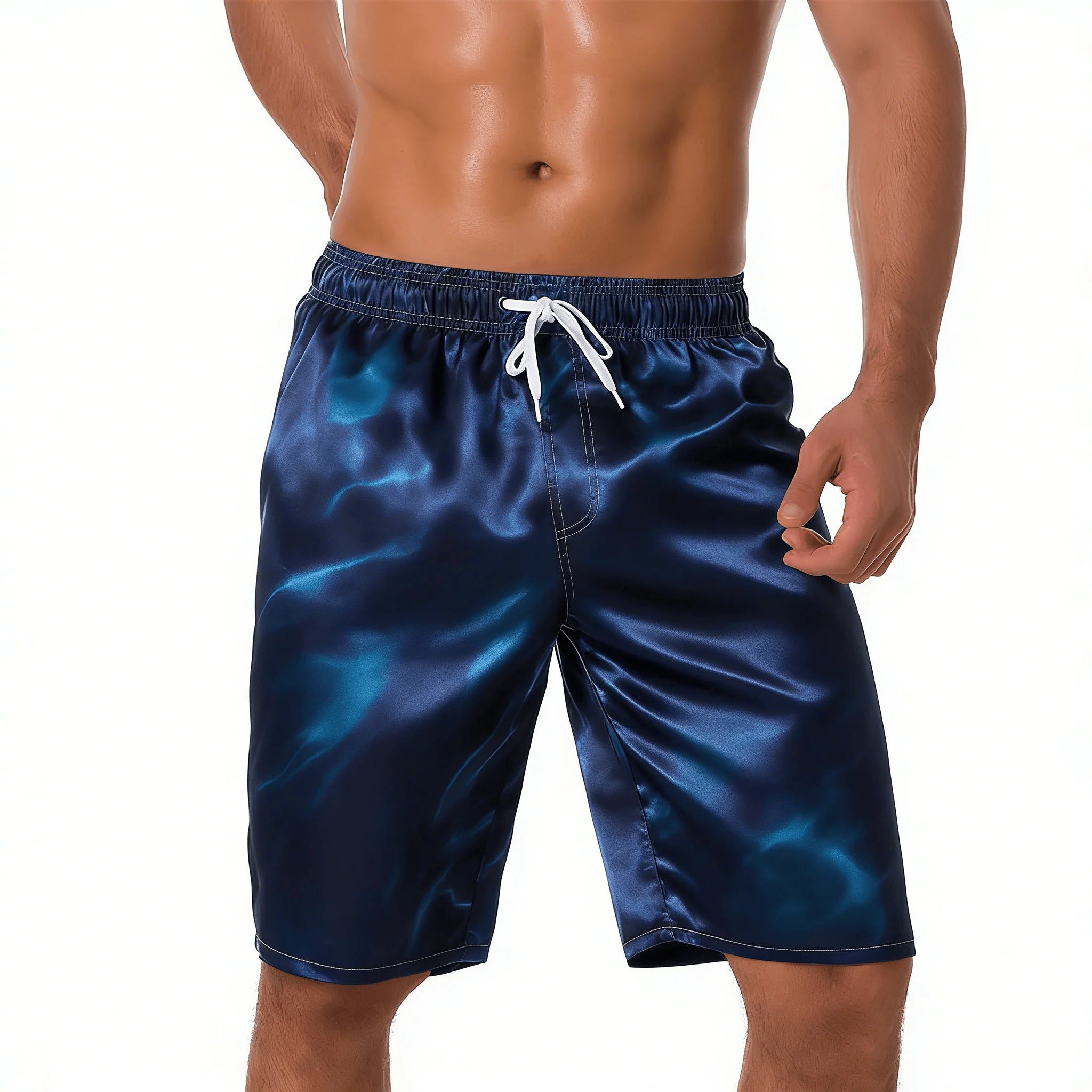 Men's Cyan Gradient Water Ripple Print Drawstring Shorts, Spring Summer Fresh Beach Casual Shorts, Pocket Beach Shorts