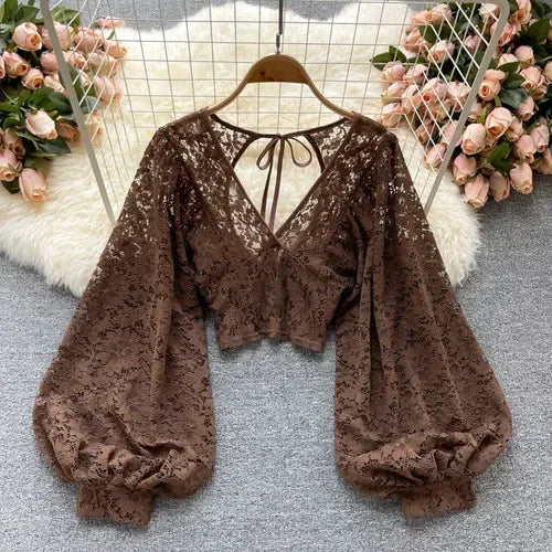 Frenchic Sexy Blusas Mujer Crochet Lace Sheer Women Tops V-neck Lantern Sleeve Backless Lace-up Ladies Elegant Blouse